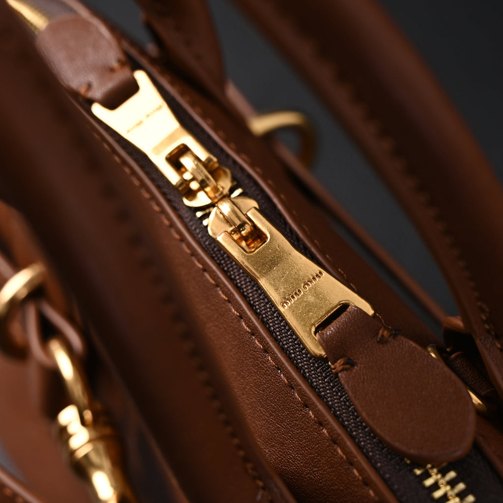 Miu Miu Leather Bowler Top Handle Bag Cognac