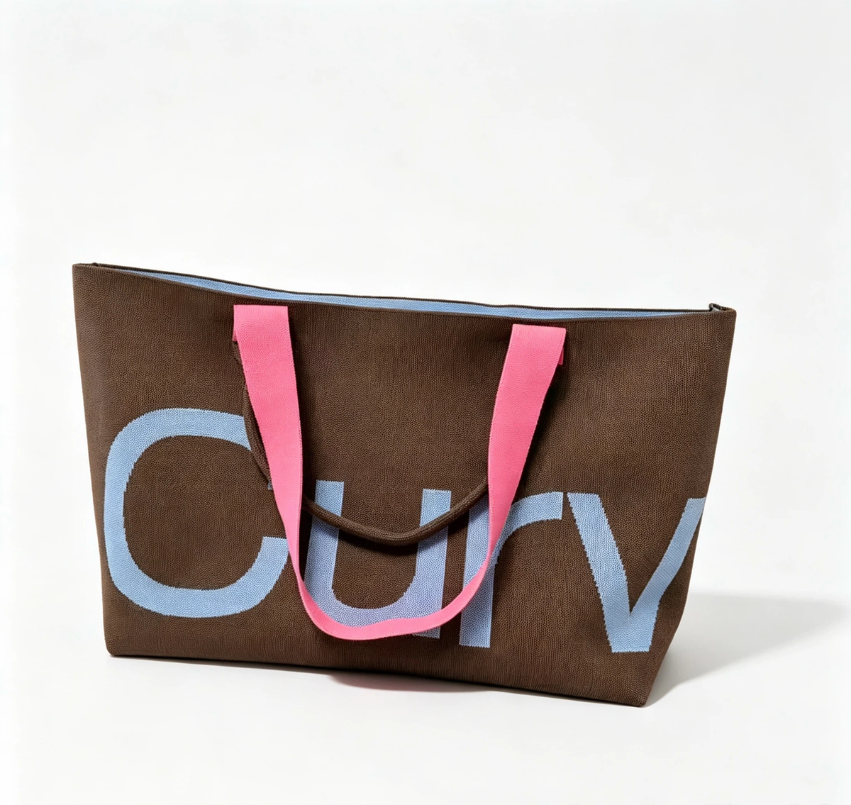 Curv Letter Print Knitted Tote Bag, Zipper Closure Large Capacity Shoulder Bag, Brown with Light Blue Letter